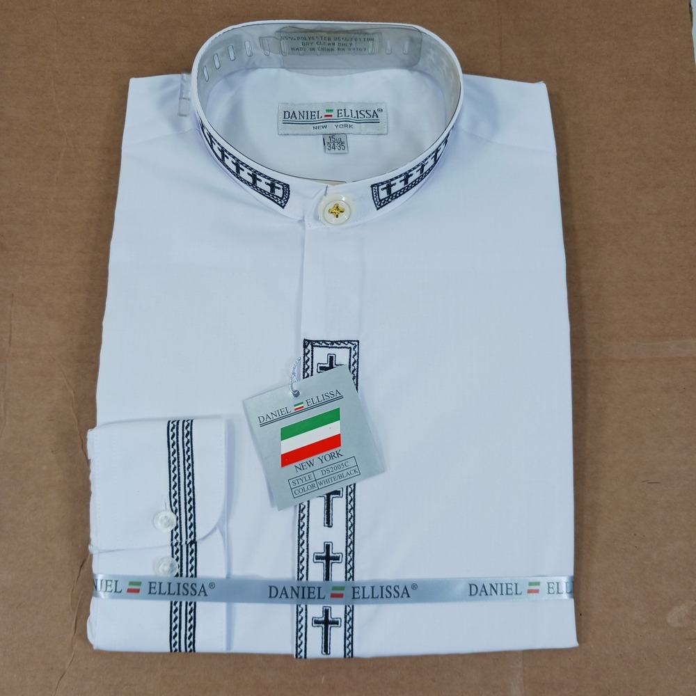 Daniel Ellissa Men White Banded Collar Shirt Black Cross Embroidery DS2005C 15.5